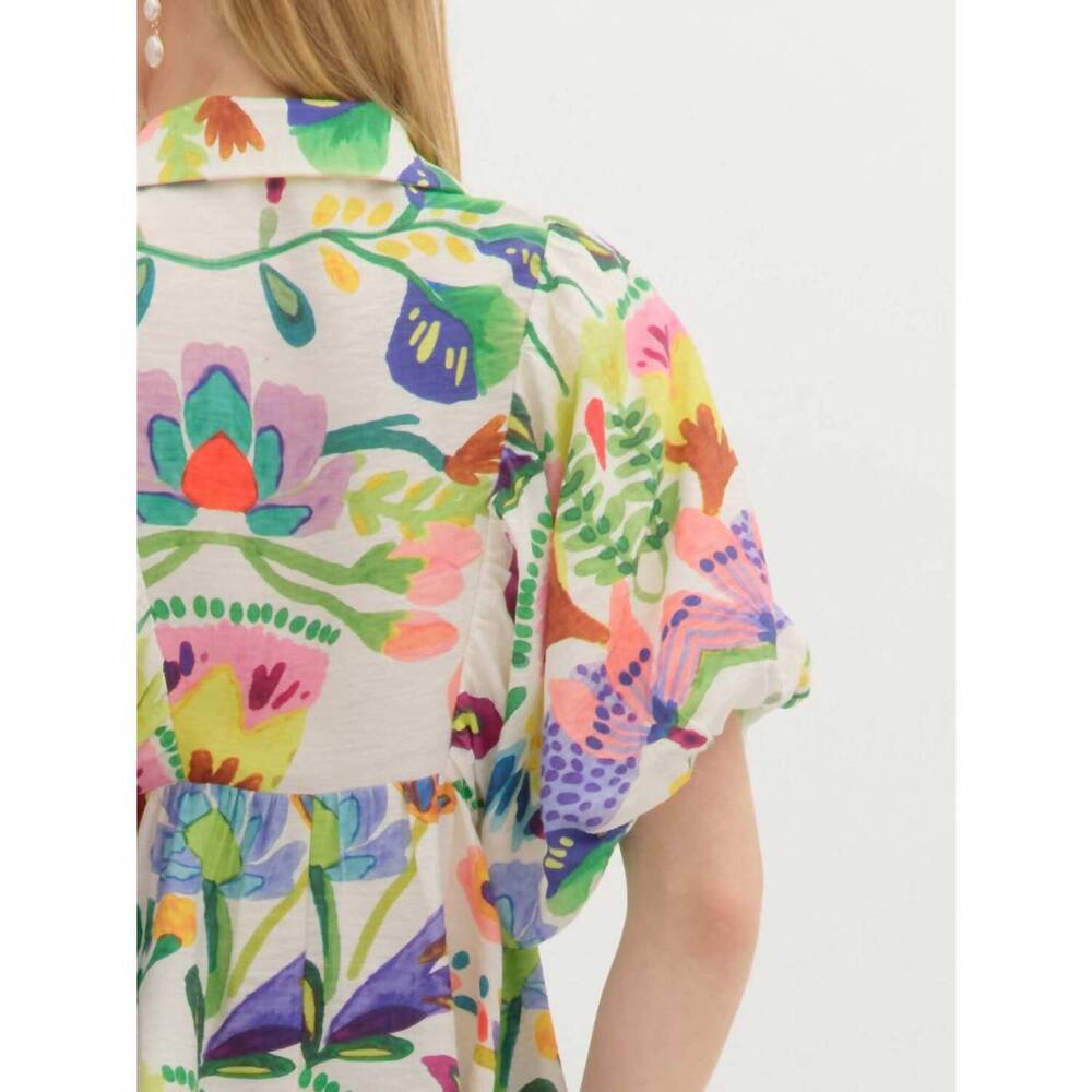NEW ENTRO floral smocked collar bubble sleeve top in multi - Picture 7 of 8